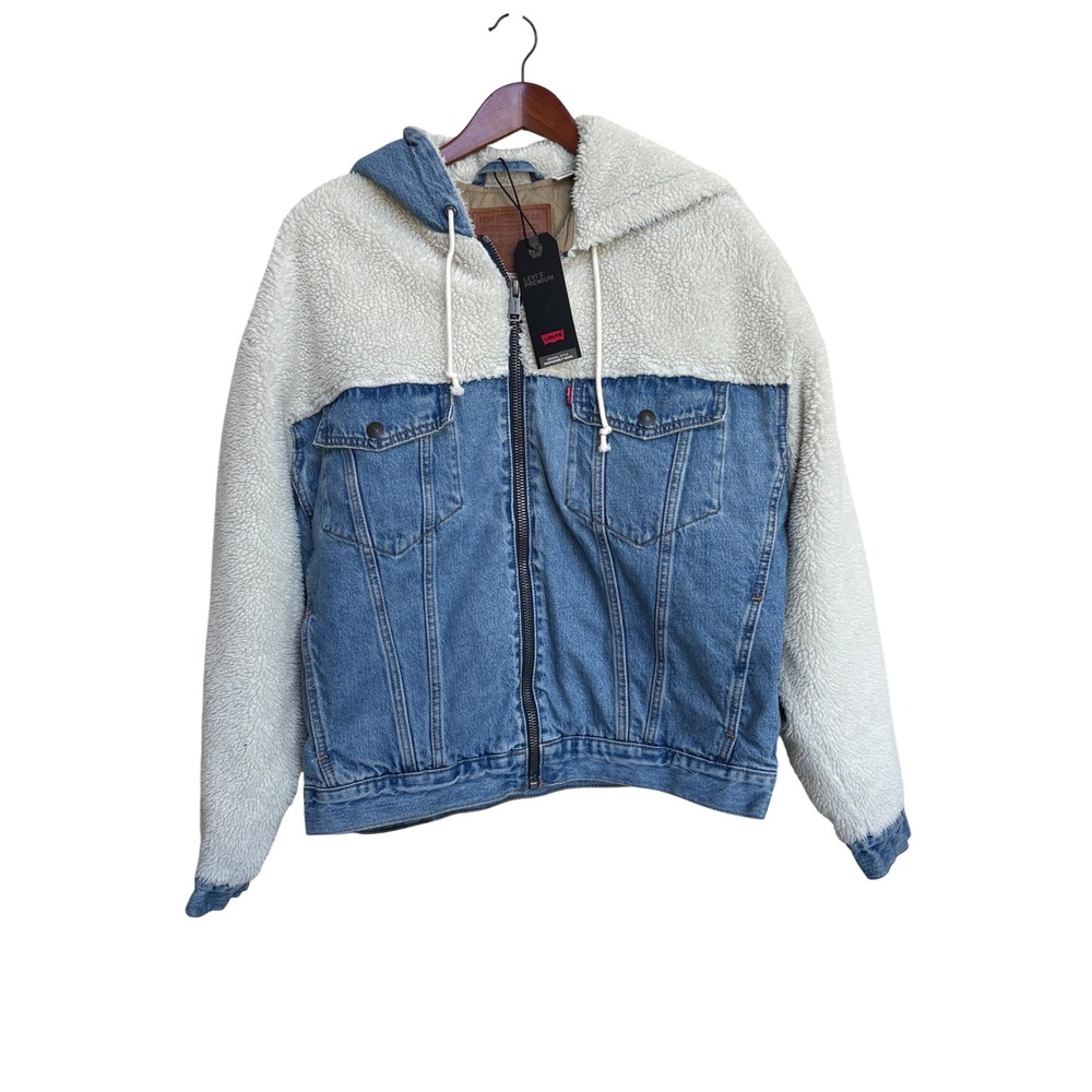 NWT Levi's Premium Hybrid Sherpa Hooded Trucker Jacket Blue Denim Cream Medium